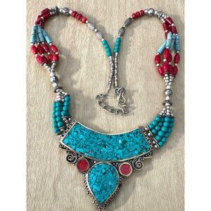 Southwestern Tribal Necklace With Red & Turquoise Howlite Stones Micro Mosaic 19